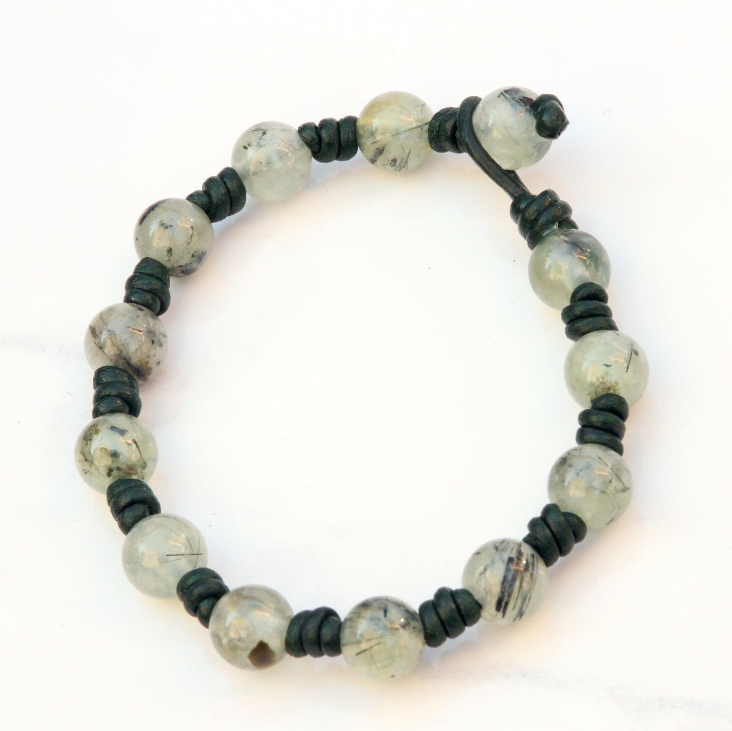 Natural Prehnite gemstone on genuine Leather Hand Knotted green gemstone beaded bracelet