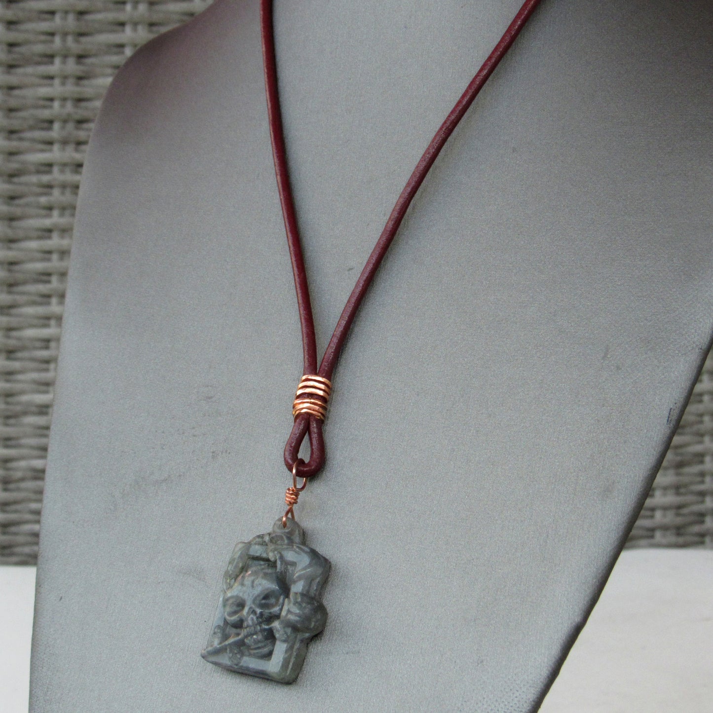 Labradorite gemstone Skull on Leather Necklace