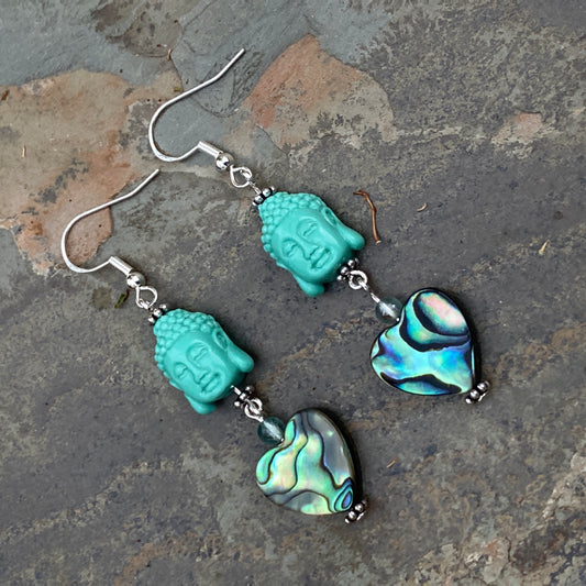 Coral Buddha Heads Abalone Heart sterling silver earrings