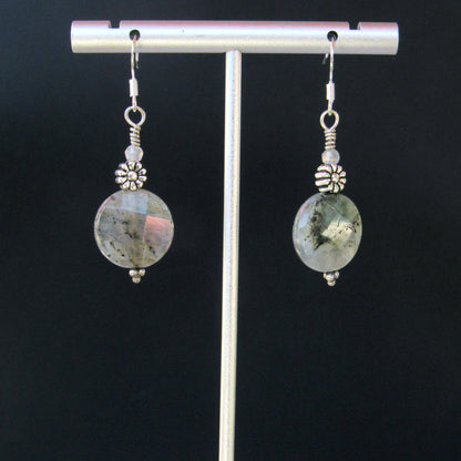 Labradorite gemstone and Sterling Silver Flower Dangle Earrings