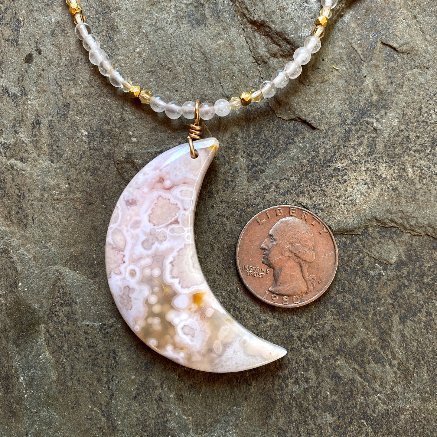 Cherry blossom agate moon pendant, on  Rose quartz, citrine, 14 kt GF necklace