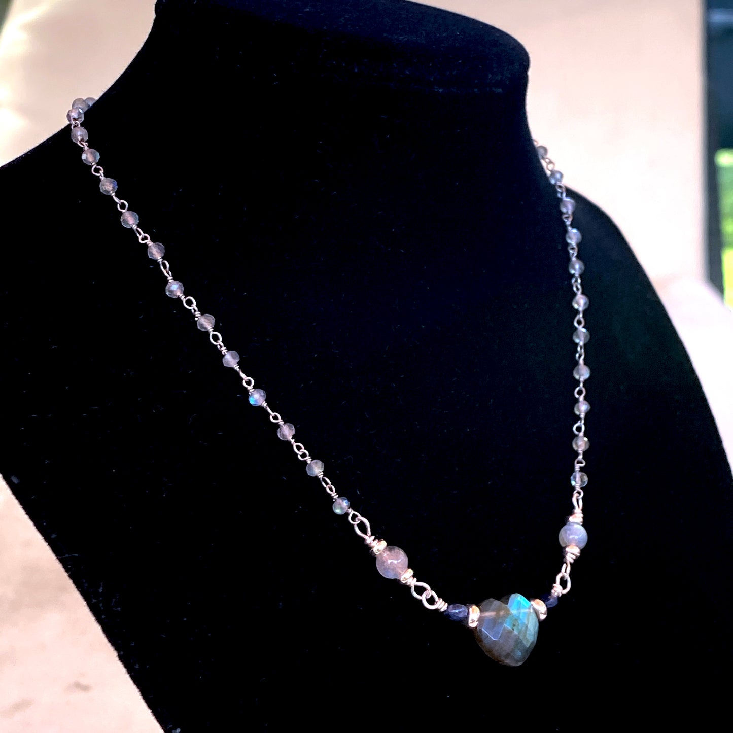 Labradorite, Blue Sapphires gemstones, and Sterling Silver necklace