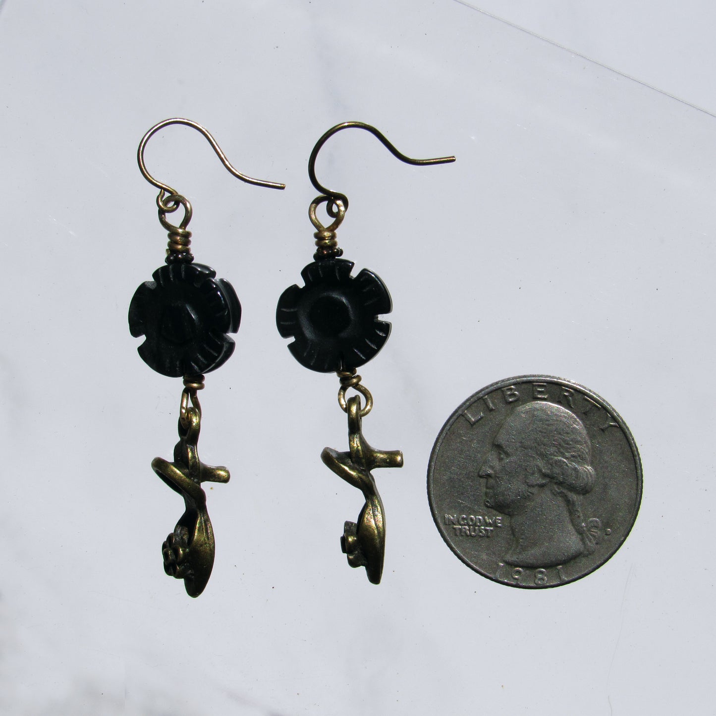 Brass shoe and onyx flower drop earrings