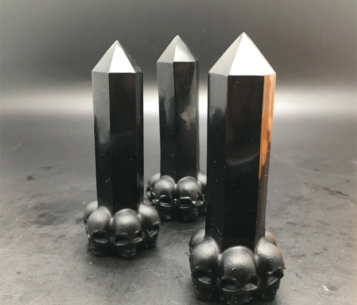 Black Obsidian gemstone Skull Wand Tower