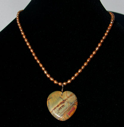 Picasso Jasper gemstone Heart on genuine Pearls necklace