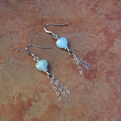Aquamarine Gemstone Hearts and Sterling Silver Heart Chain Drop Earrings