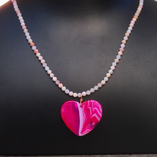 Women’s Pink Agate Heart Pendant & Pink Opal Gemstone Necklace