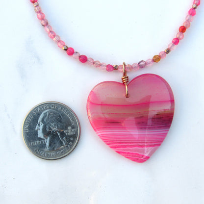 Pink Banded Agate gemstone Heart on pink agate necklace