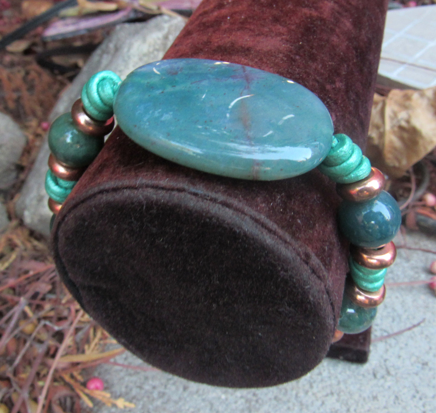 Natural Indian Agate gemstone and Copper Hand Knotted Leather Bracelet