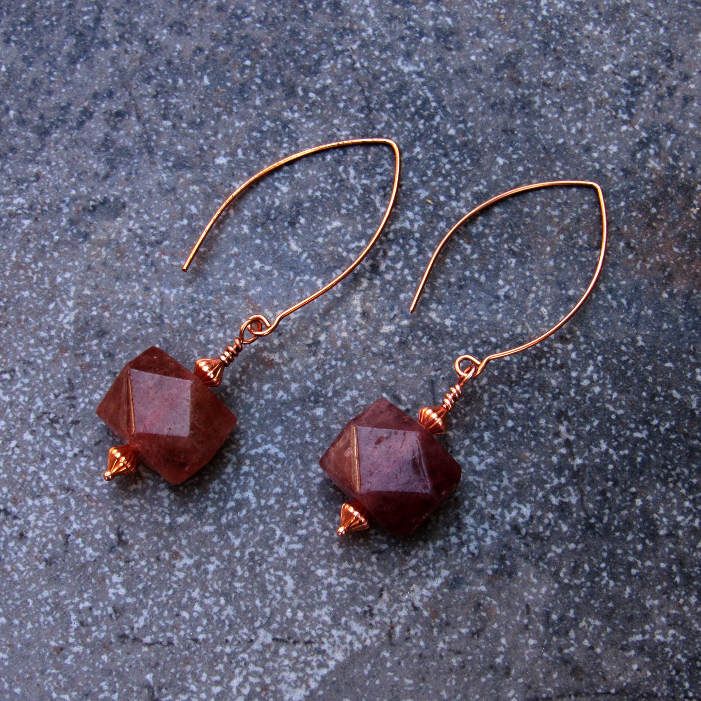 Genuine Copper and Natural Strawberry Quartz gemstone Earrings