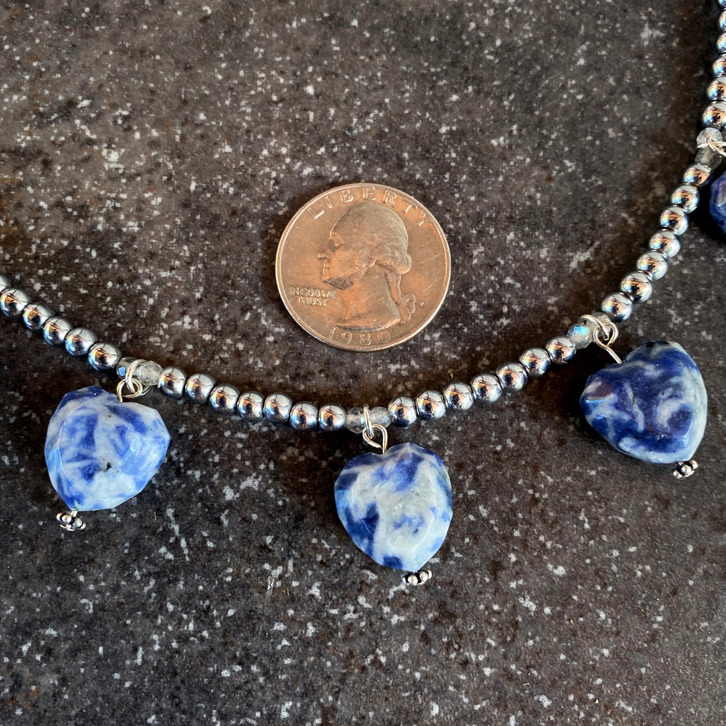 Sodalite heart, silver hematite beads, and sterling silver necklace