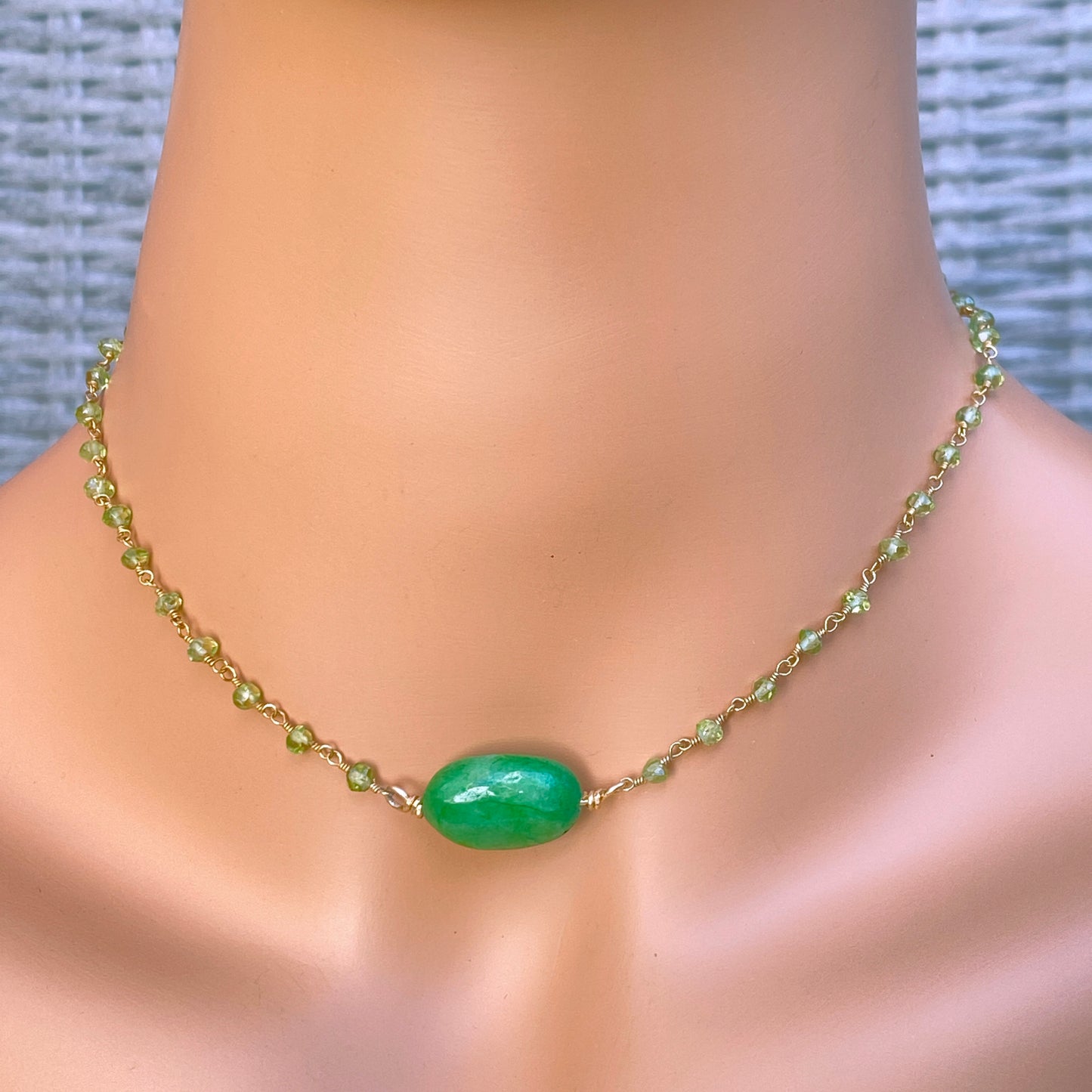 Emerald, Peridot gemstone and Gold over sterling silver choker