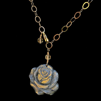 Labradorite gemstone carved Rose pendant on 14 kt Gold Necklace