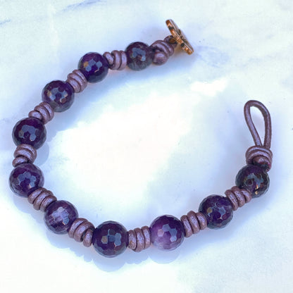 Amethyst Gemstones genuine leather Bracelet and copper flower clasp