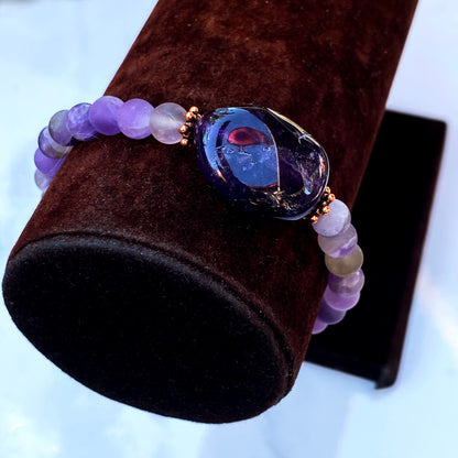 Amethyst gemstone and copper crystal beaded stretch bracelet