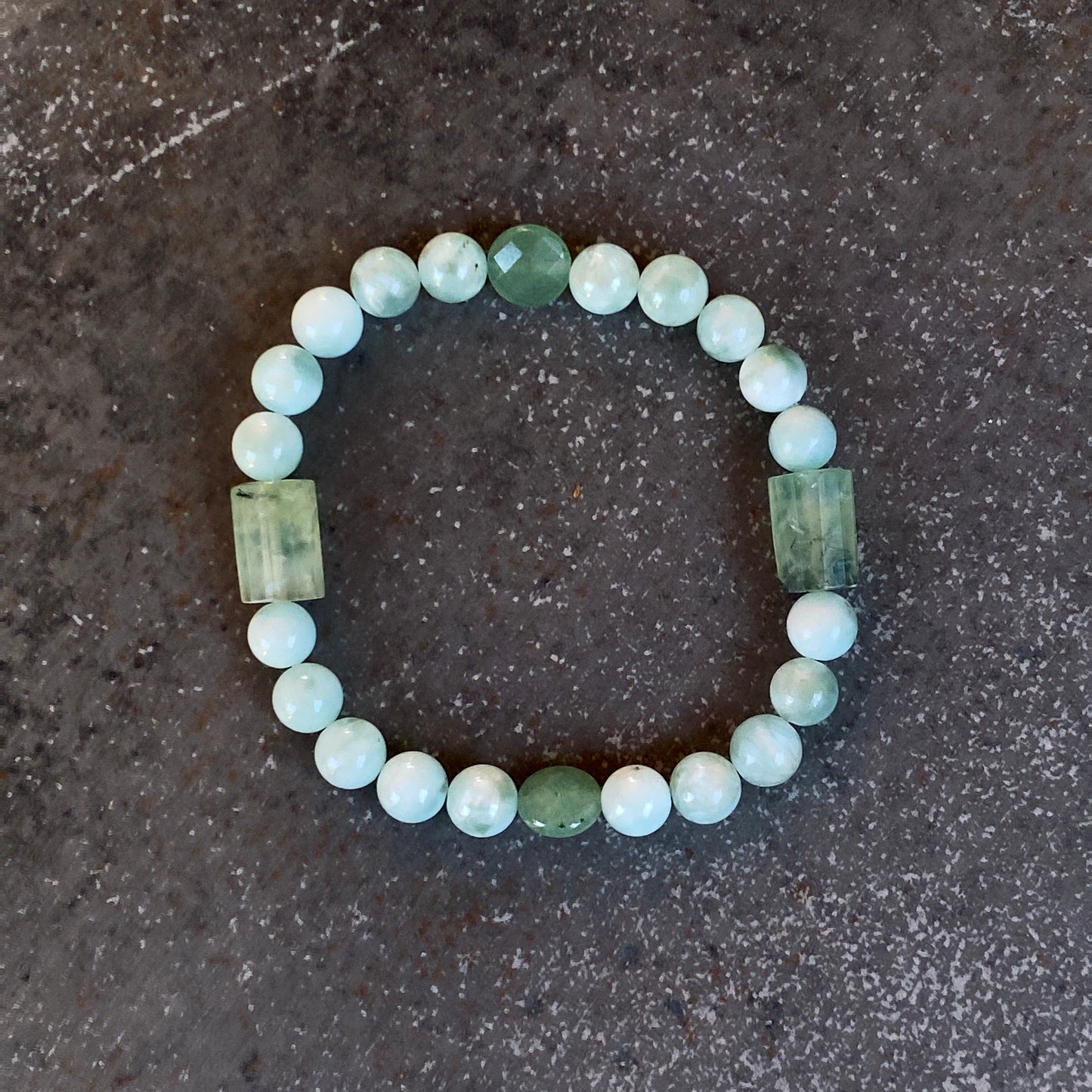 Green Moonstones, Aventurine and Prehnite Gemstone stretch bracelet