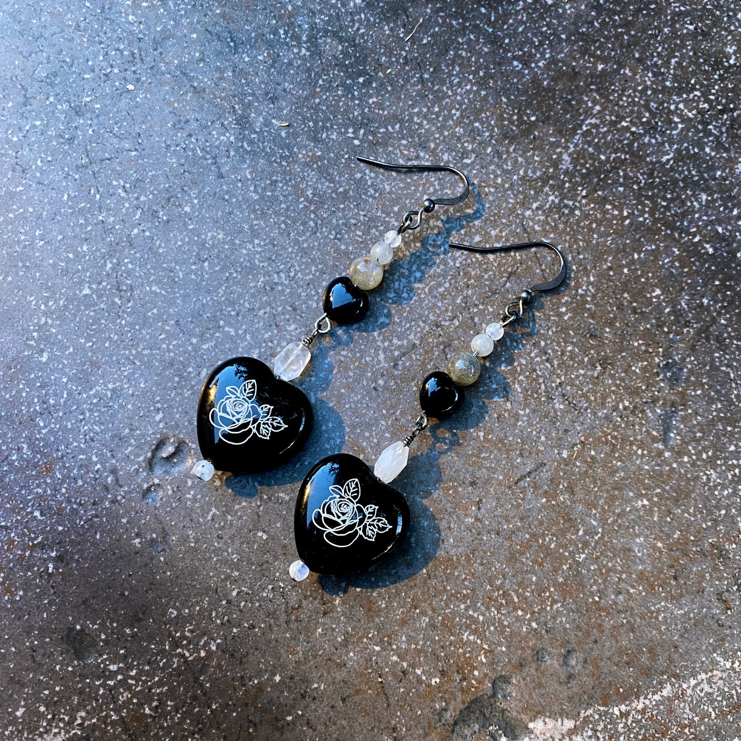 Hand Painted Onyx Heart, Moonstones, and Labradorite Drop Earrings with Sterling Silver