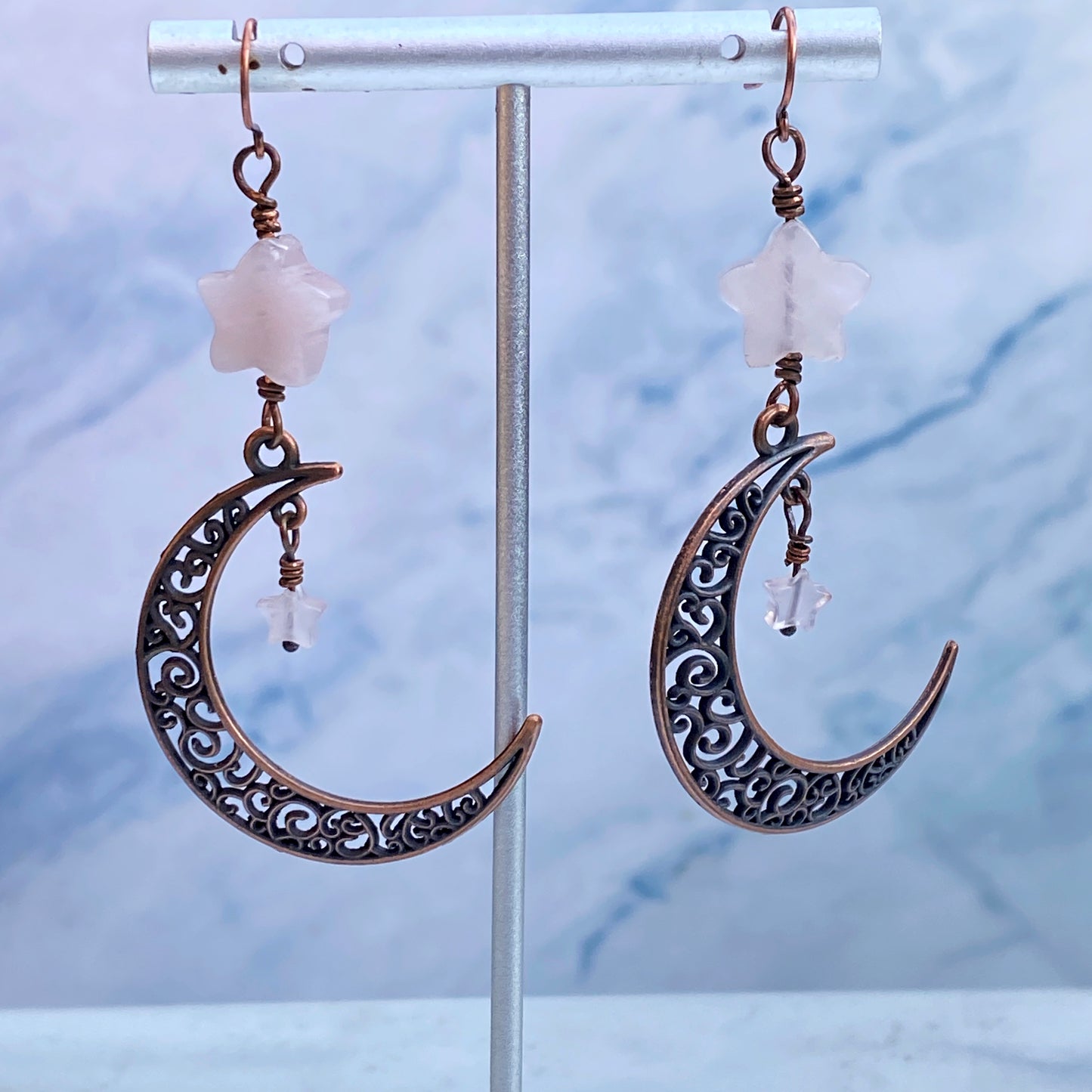 Rose Quartz gemstone Star and Moon Copper Dangle Earrings