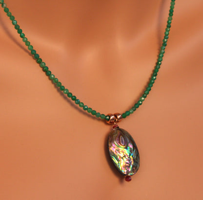 Abalone shell Pendant with Ruby gemstones on Green Onyx Necklace