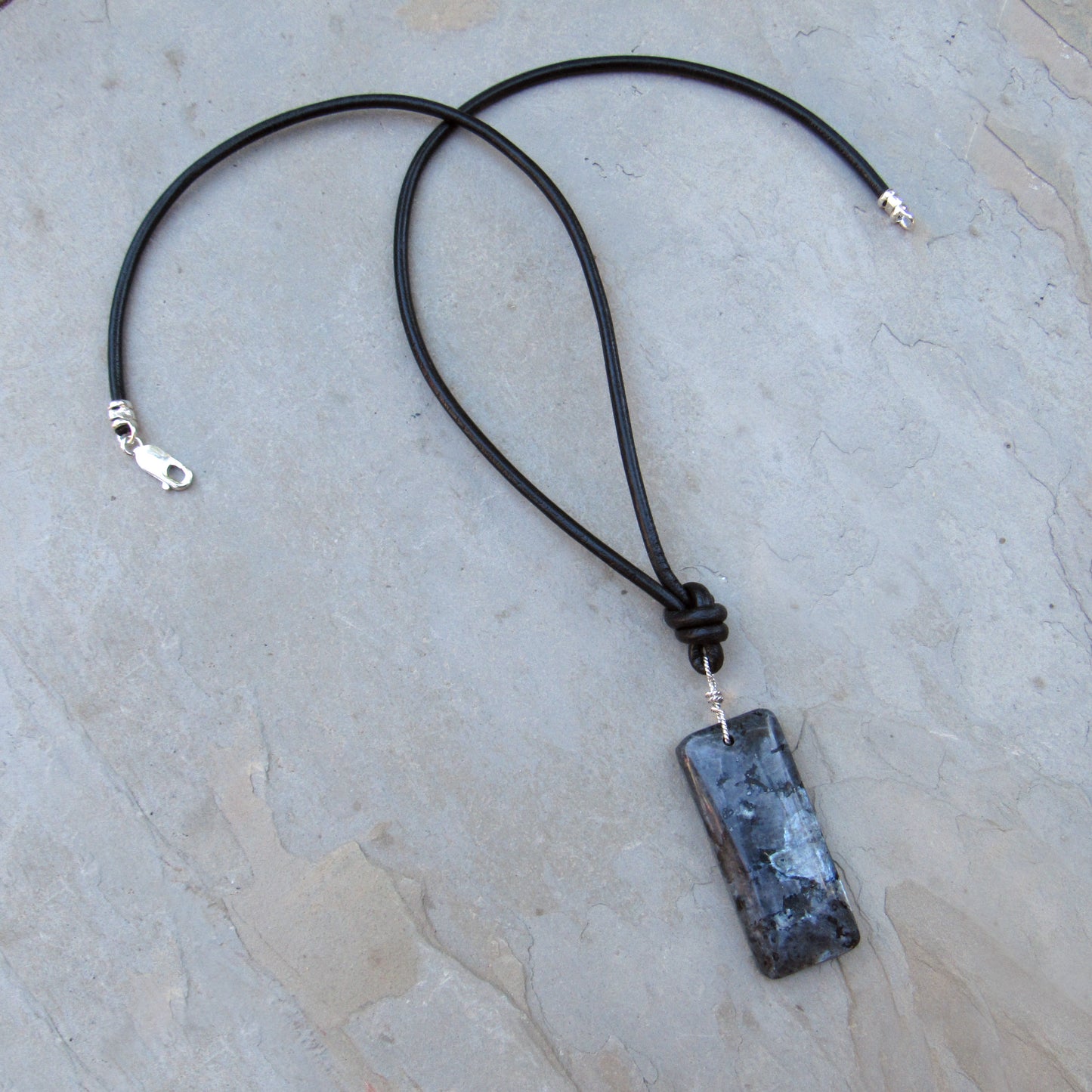 Black Labradorite (Larvikite) gemstone on Leather with Sterling Silver