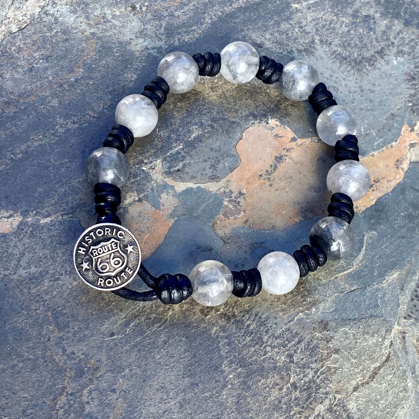 Leather and Cloudy Quartz Gemstone Men’s Bracelet with Metal Route 66 Button