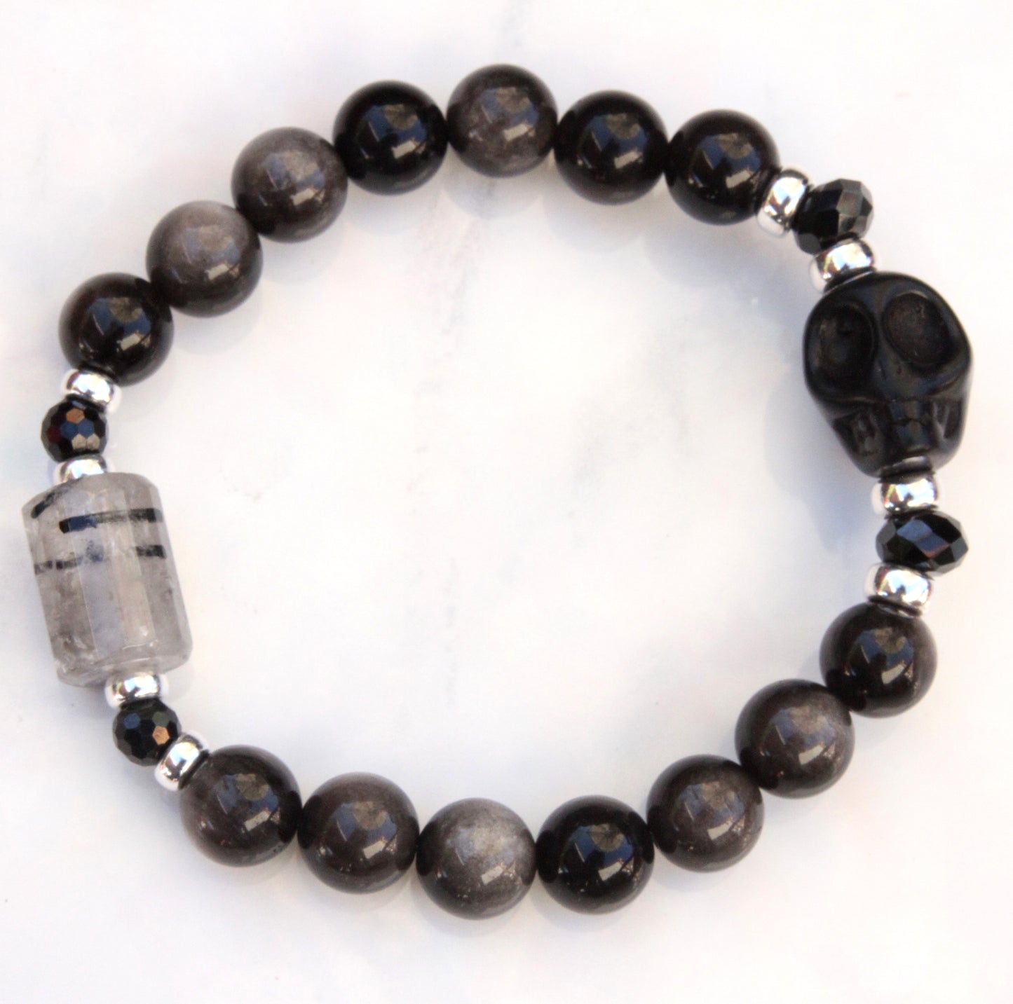 Silver Obsidian, Black Spinel gemstone, Sterling Silver, Howlite Skull, and Tourmaline Quartz Bracelet