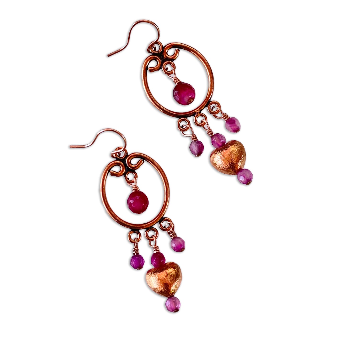 Pink agate and copper heart drop earrings