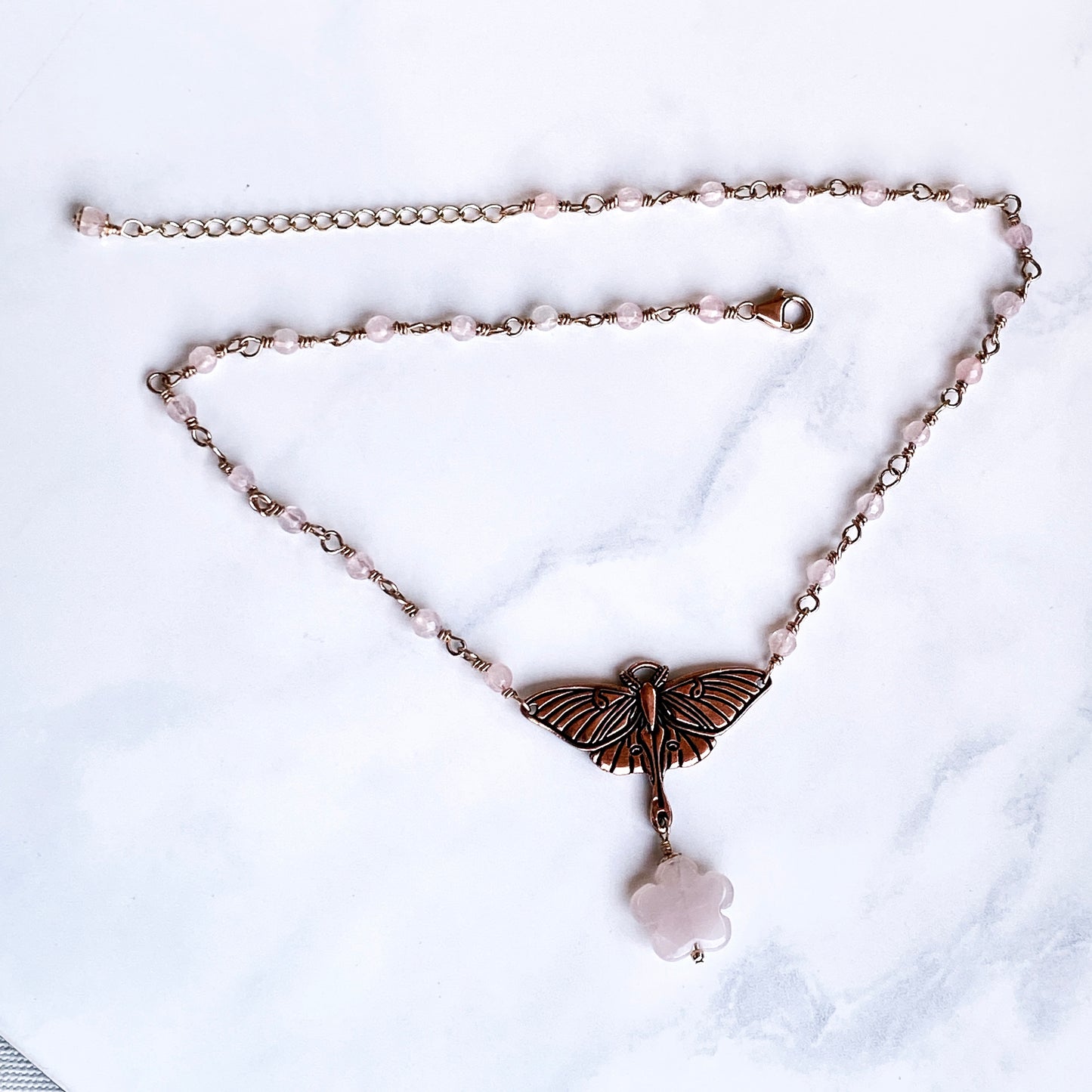 Rose Quartz gemstone with pewter and copper Lunar Moth pendant necklace