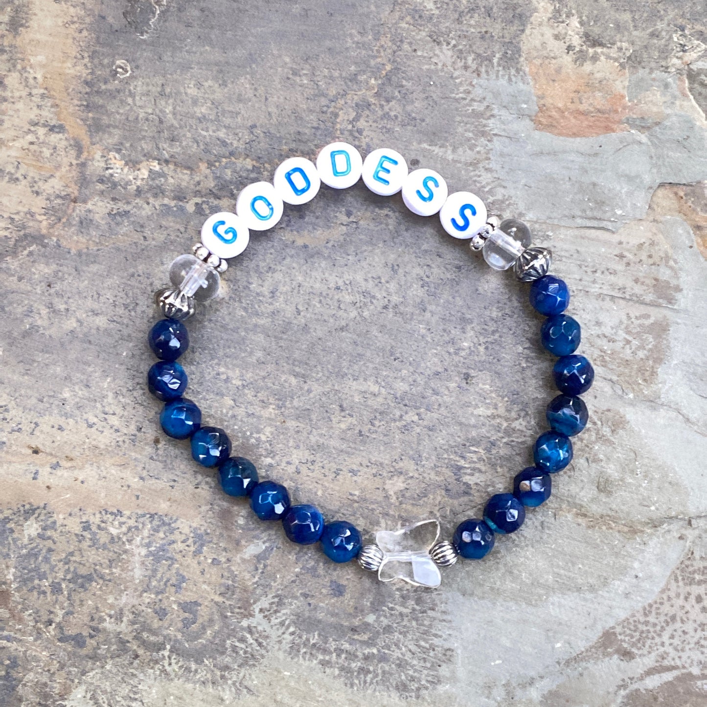 Blue Agate, Clear Quartz, and Sterling Silver “GODDESS” Stretch Bracelet