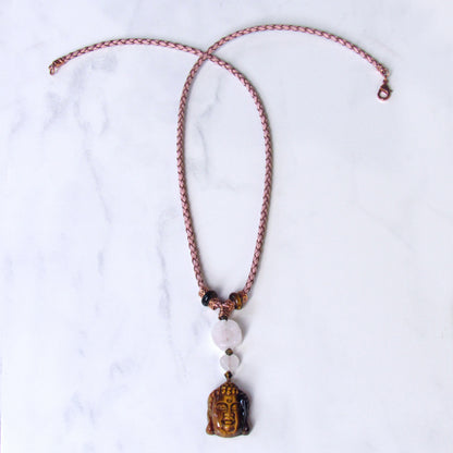 Tiger Eye Buddha Copper, Rose Quartz Flower, on Tan Braided Leather with Copper Clasp