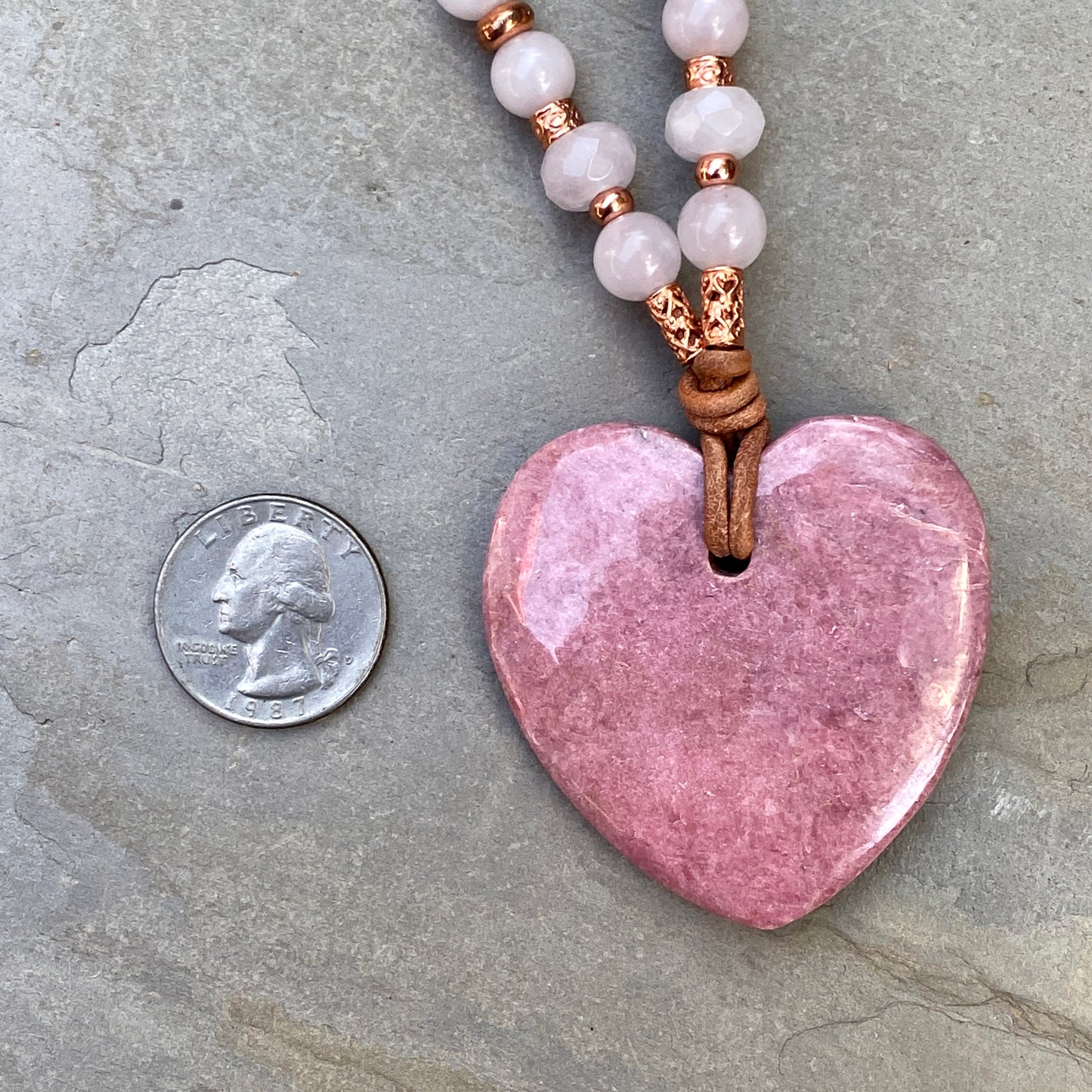 Rhodonite gemstone Heart with Rose Quartz and Copper Leather necklace