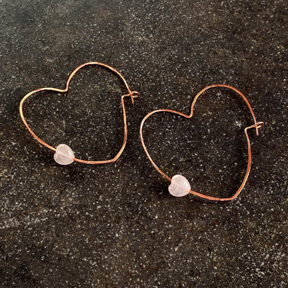 Rose Quartz Hearts on Copper Heart Hoop Earrings