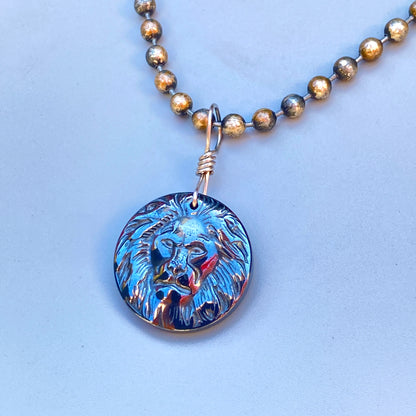 Hematite Lion Pendant on Patina copper chain Necklace