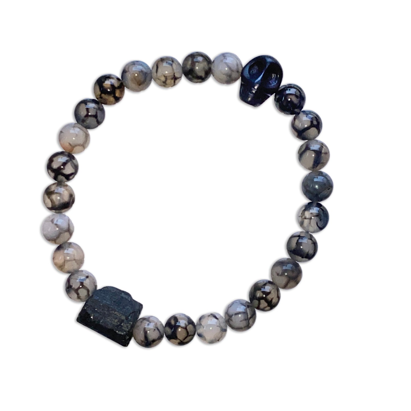 Dragon’s Vein Agate and Black Tourmaline gemstone stretch bracelet