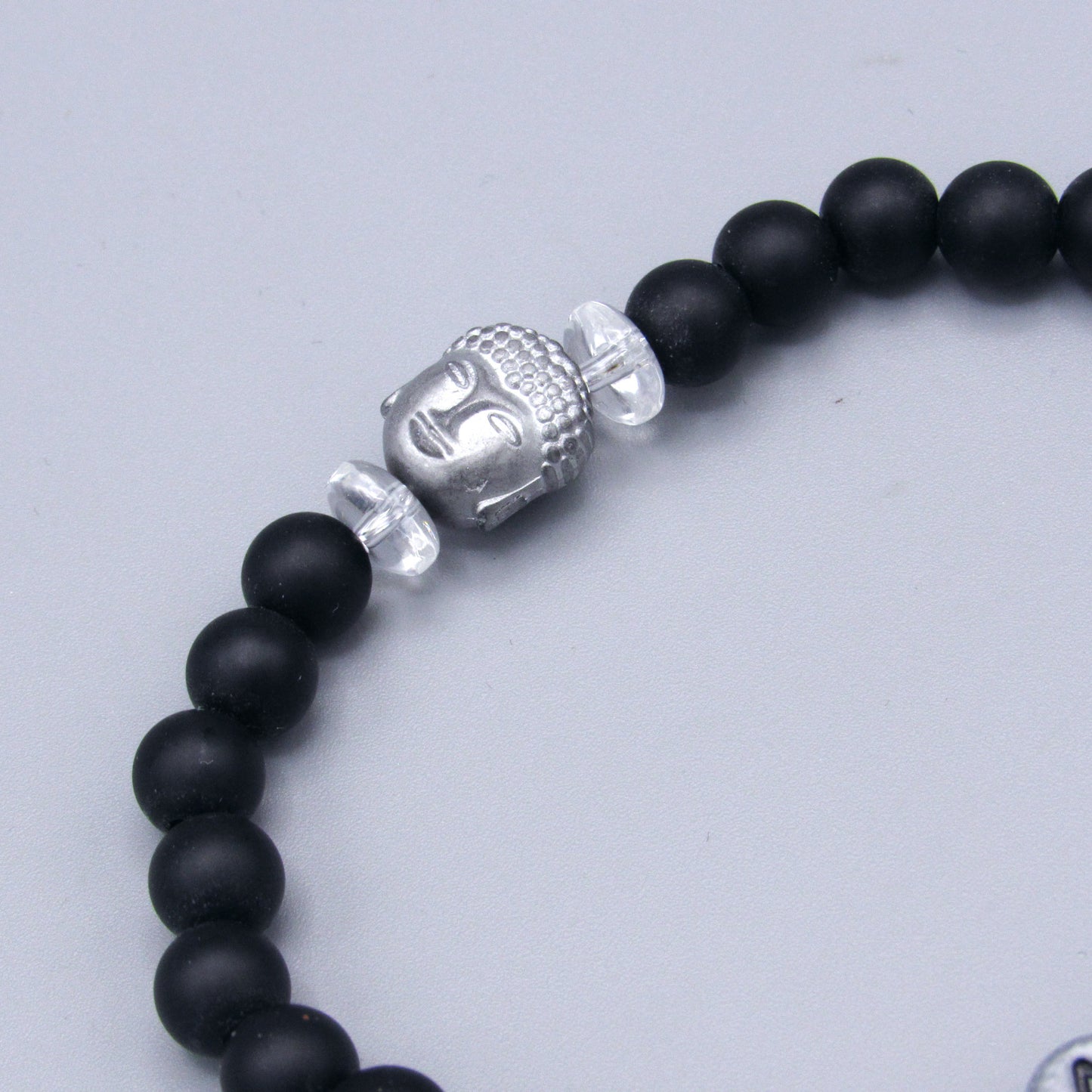 Matte Onyx, Hematite Gemstone Buddha, and Clear Quartz “FAITH” Stretch Bracelet