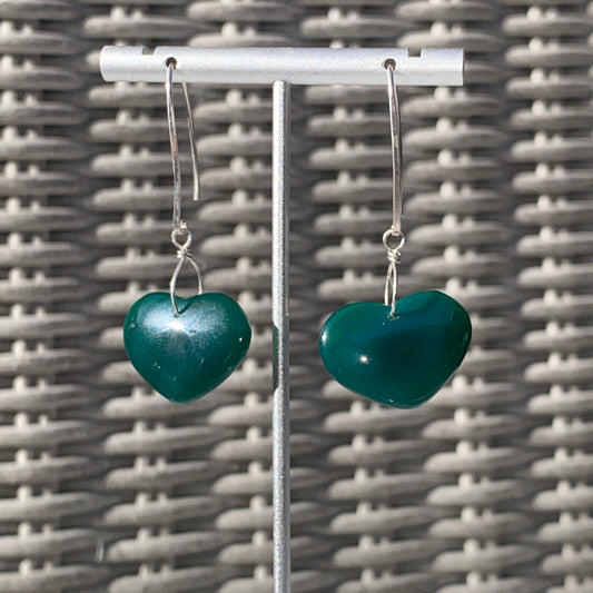 Sterling Silver and Green Agate gemstone Heart earrings