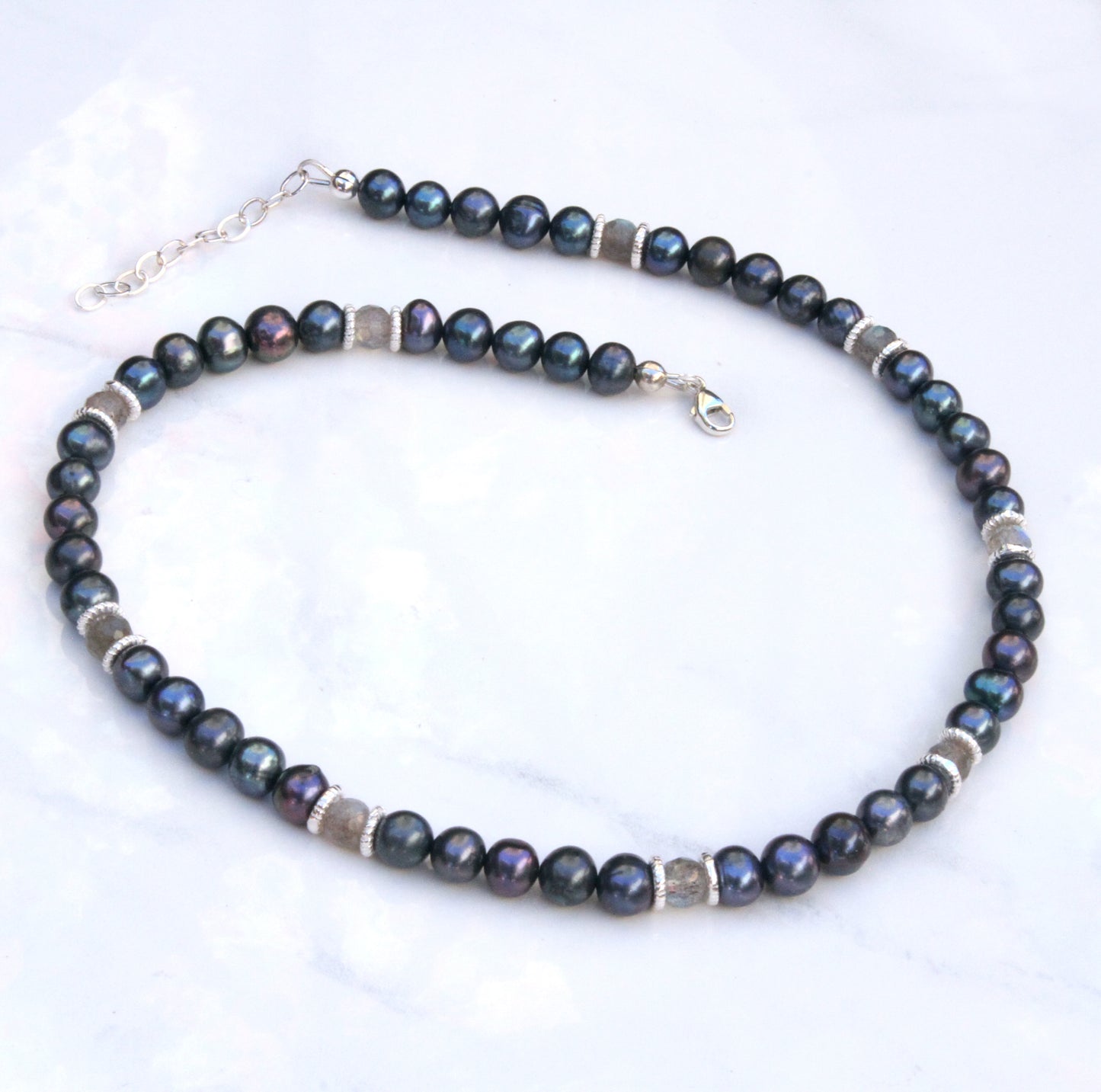Natural Freshwater Black & Blue Pearls, Labradorite gemstones, and Sterling Silver Choker