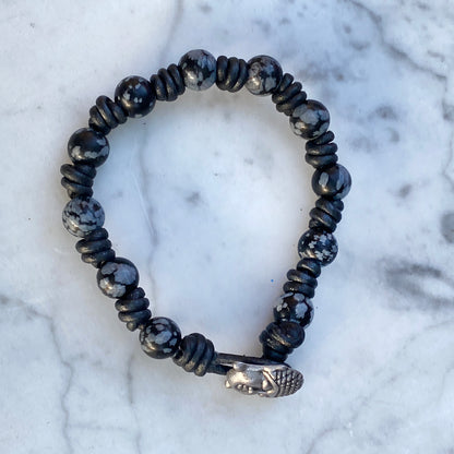 Hand knotted Snowflake Obsidian and Leather Bracelet