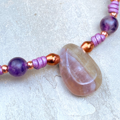 Fluorite Gemstone and copper hand knotted leather necklace