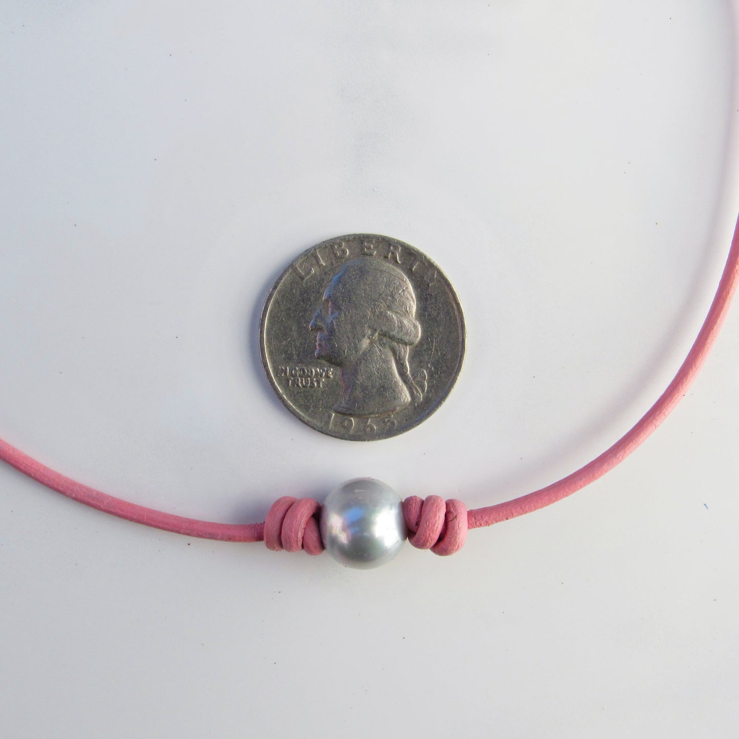 Freshwater Pearl Choker on Pink Leather with Sterling Silver Clasp