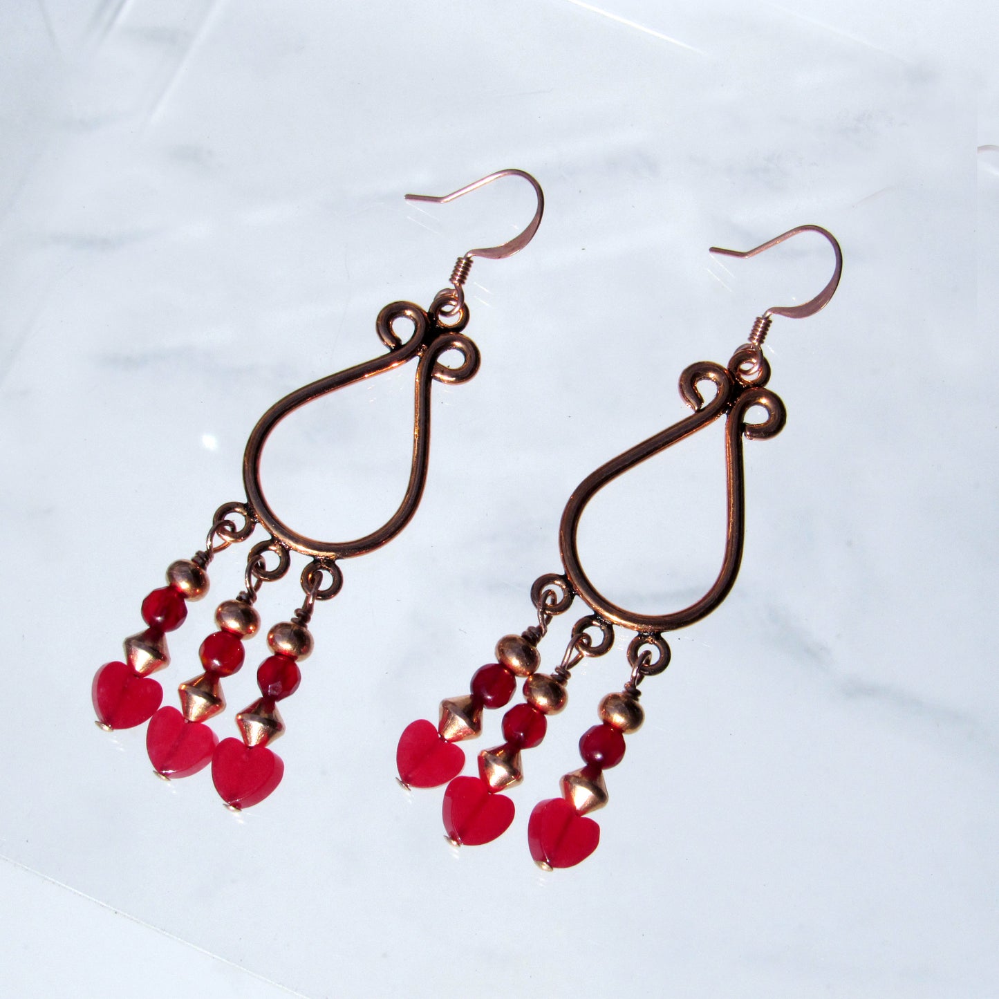 Jade gemstone hearts, Red agates, and copper chandelier earrings