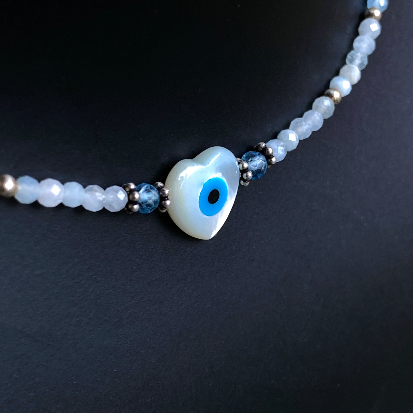 Evil Eye Heart with Aquamarine & Blue Topaz Gemstone necklace