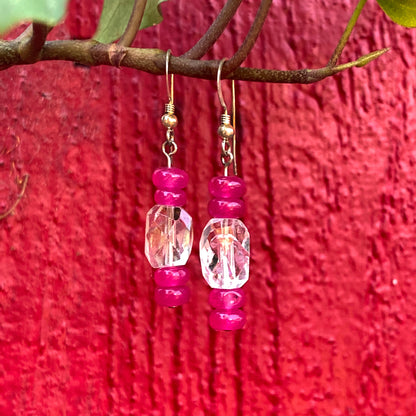 Pink chalcedony gemstone & quartz sterling silver drop earrings