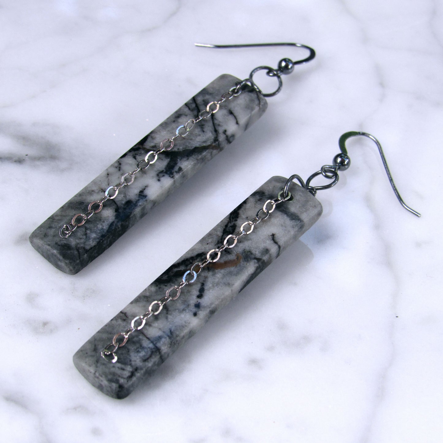 Black Zebra Jasper Gemstones with Oxidized Sterling Silver Drop Earrings