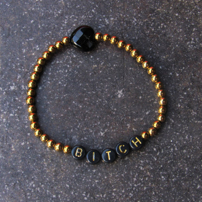 Hematite and Onyx gemstone “BITCH PLEASE” Stretch Bracelets