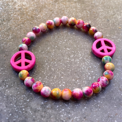 “Tie dye” Genuine Jade Gemstone Peace Sign Stretch Bracelets