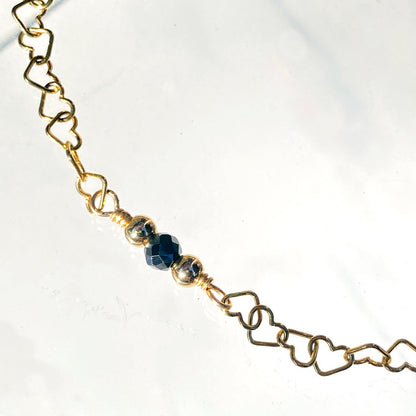 Black diamond and 14 kt gold fill heart chain bracelet