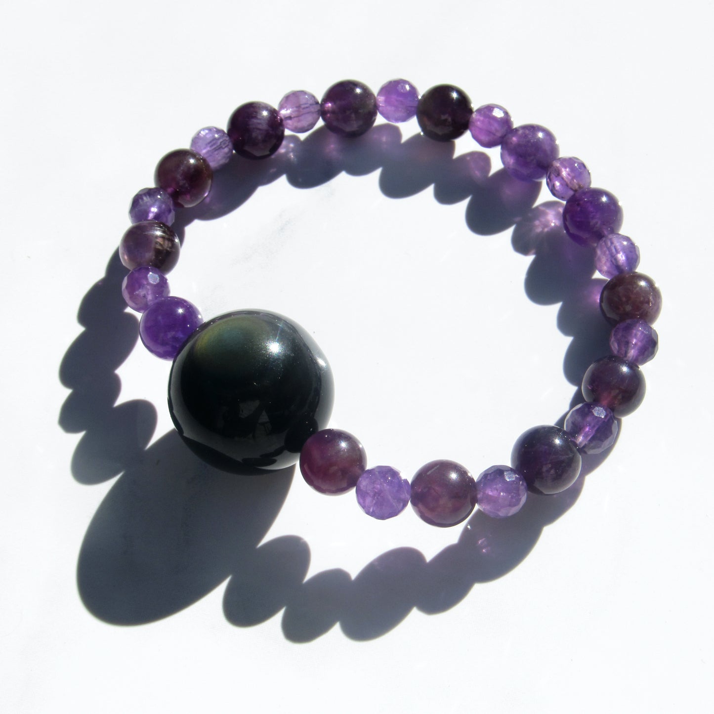Rainbow Obsidian gemstone & purple Amethyst Smooth & Faceted Stretch Bracelet