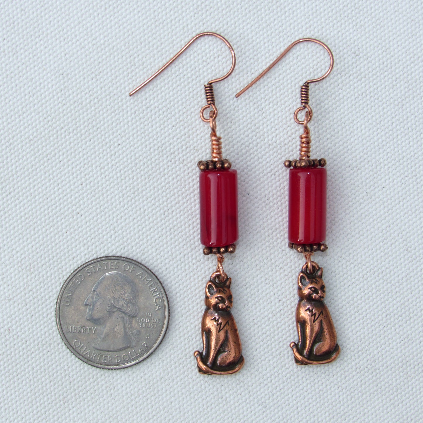 Red Agate gemstone and Copper Kitty Cat Drop Earrings