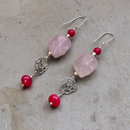 Rose Quartz Gemstone Skulls, Pink Jade, Pink chalcedony with Sterling Silver Rose  Drop Earrings